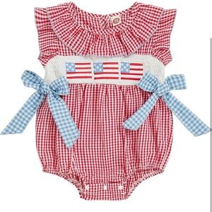 Red Gingham Baby Romper with Blue Bows 4th of July Usa Onesie Bubble Romper